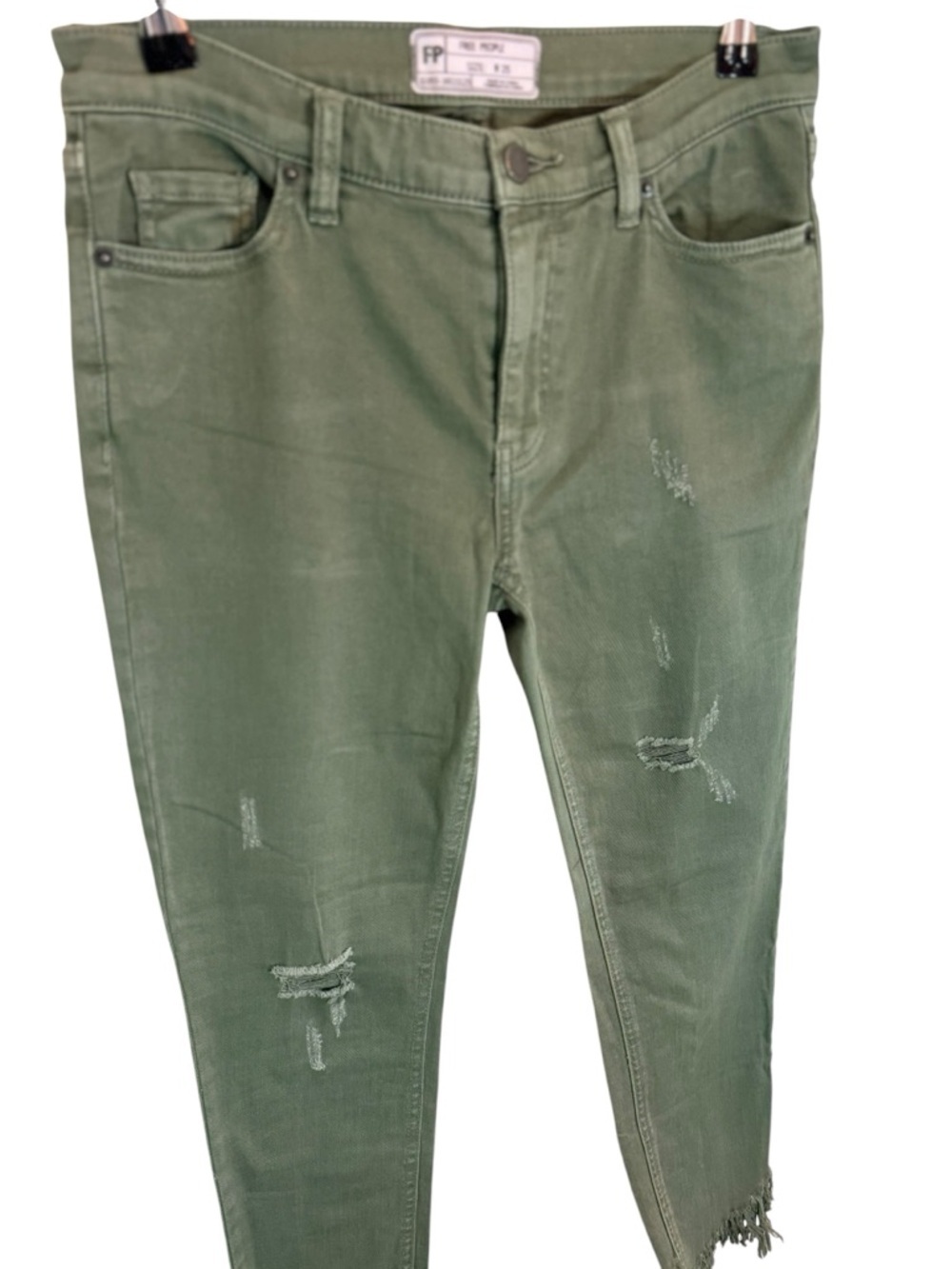 Free People Olive Green Distressed Jeans Frayed Hem Size 25 Boho Raw Hem - Picture 5 of 9
